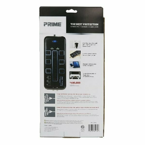 Prime Surge Protector with USB Charger, 125 V, 15 A, 12 -Outlet, 4200 J Energy, Black PB504142